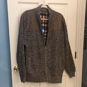 Men's Gray and Brown Zip-Up Sweater